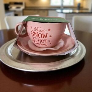 Sleigh Bell Bistro Pink Tea Cup & Saucer Mug Fresh Snow And Hot Cocoa 15oz. NEW